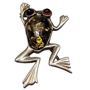 Vintage Silver Frog Brooch with Amber Accents